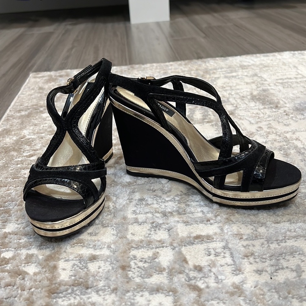 White House Black Market Wedge Heel, Black with Gold Trim, Size 7.5